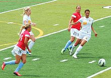 July 4, 2013; Chicago Red Stars vs Western New York Flash. Playing at midfield, left to right: Leon-16, Zerboni-7, Grings-21, Estelle Johnson-12 2013-07-04 Redstars v Flash FlashSideOfMidfield 1.jpg