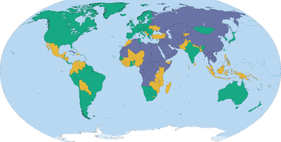 This map shows the findings of Freedom House's survey Freedom in the World 2016. The survey reports how much freedom countries had. Just because countries are the same color does not mean they are exactly the same.[3]   Free (86)   Partly Free (59)   Not Free (50)
