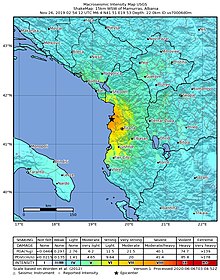 The earthquake of November 2019 was the strongest to hit Albania in more than four decades. 2019-11-26 Mamurras, Albania M6.4 earthquake shakemap (USGS).jpg