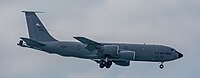 A KC-135R Stratotanker, tail number 57-1439, on final approach at Kadena Air Base in Okinawa, Japan in March 2020. It is assigned to the 22nd Air Refueling Wing and the 931st Air Refueling Wing at McConnell Air Force Base in Wichita, Kansas.