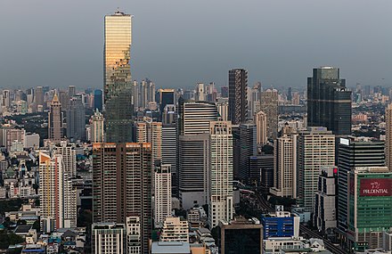 MahaNakhon, the city's tallest building from 2016 to 2018, stands among the skyscrapers of Sathon Road, one of Bangkok's main financial districts.