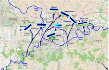 Map showing the crossing points and initial positions taken up by the French divisions under Jourdan during the 4th crossing of the Sambre, prior to the 2nd siege of Charleroi, 12 June 1794 4thCrossing.png