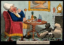 Satirical lithograph of 1818 depicting a self-indulgent and wealthy man afflicted with gout (represented by a demon); the disease is commonly caused by consumption of sugar, alcoholic beverages and meat; lack of physical activity; and obesity. It was formerly common among the upper classes of Western society. A self-indulgent man afflicted with gout; the pain is represented by a demon burning his foot Wellcome V0010850.jpg
