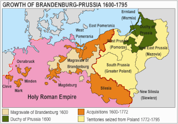 Growth of Brandenburg-Prussia, 1600-1795; the wide distribution of territories exposed it to multiple areas of conflict but made it hard to defend Acprussiamap2.gif