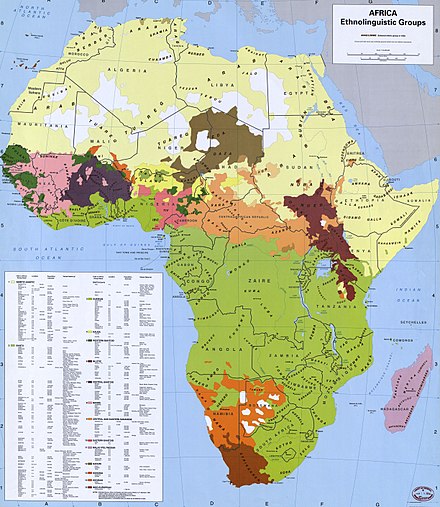 Map showing the traditional language families represented in Africa (1996)
