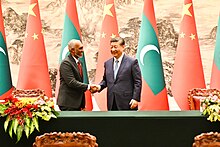 Muizzu (left) meeting Xi Jinping in January 2024 Agreement exchange ceremony between the Maldives and China (50).jpg