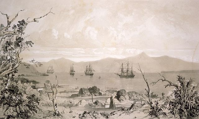 Ships in what is likely to be Akaroa Harbour some time in the early 19th century
