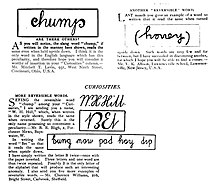 Ambigrams published in The Strand Magazine, June 1908. Ambigrams Chump, honey, M. H. Hill, Bet, and five more words - Strand Magazine 1908.jpg