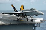 Thumbnail for File:An F-A-18C Hornet launches from the flight deck of the conventionally powered aircraft carrier.jpg