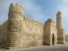 Built in the 8th century, the Ribat of Sousse in Tunisia was inspired by Byzantine fortifications; the tower served as a minaret for the garrison soldiers Angle at the ribat of Sousse.jpg