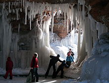 Some winters the lake freezes solid enough that the Park Service lets people walk from Meyers Beach across the lake ice to see the caves.