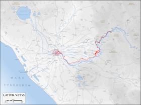 Mapa starověkého Lazia s Anio Vetus v červené barvě.