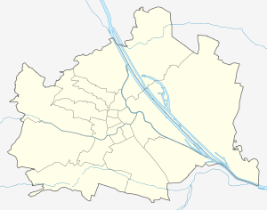 Mapa konturowa Wiednia, po lewej nieco na dole znajduje się punkt z opisem „Rapid Wiedeń”, natomiast na dole znajduje się punkt z opisem „Austria Wiedeń”