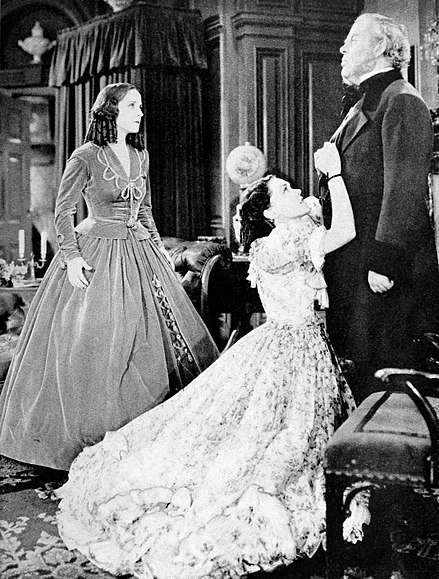 Norma Shearer, Maureen O'Sullivan and Charles Laughton in The Barretts of Wimpole Street