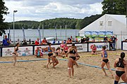 Deutsch: Beachhandball Europameisterschaften 2019 (Beach handball Euro); Tag 3: 4. Juli 2019 – Frauen, Platzierungsrunde Gruppe III, Schweiz-Nordmazedonien 2:0 (21:6, 23:20) English: Beach handball Euro; Day 3: 4 July 2019 – Women Consolation Round Group III – Switzerland-North Macedonia 2:0 (21:6, 23:20)