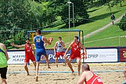 Deutsch: Beachhandball Europameisterschaften 2019 (Beach handball Euro); Tag 6: 7. Juli 2019 – Platzierungsspiele Rang 13-16 Männer, Rumänien-Serbien 2:0 (21:18, 22:20) English: Beach handball Euro; Day 6: 7 July 2019 – Placement Match 13–16 Men – Romania-Serbia 2:0 (21:18, 22:20)