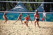 Deutsch: Beachvolleyball bei den Olympischen Jugendspielen 2018; Tag 8, 14. Oktober 2018; Mädchen, Achtelfinale – Bolivien-Puerto Rico 0:2 (18–21/18–21 ) English: Beach volleyball at the 2018 Summer Youth Olympics at 14 October 2018 – Girls Round of 16 – Bolivia-Puerto Rico 0:2 (18–21/18–21 )