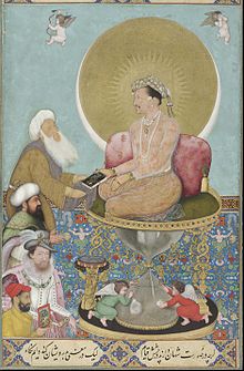 The Mughal emperor Jahangir often had himself depicted with a halo of unprecedented size. ca. 1620 Bichitr - Jahangir preferring a sufi sheikh to kings.jpg