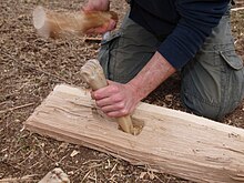 Reconstruction chisel made from a robust cannon bone, cutting a mortise Bone Chisel reconstruction.jpg