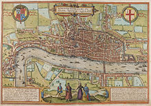 A map of London from Westminster to the Tower, with four figures in 16th-century dress standing on the south bank of the river