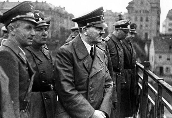 Bormann (behind and to Hitler's right) on the Old Bridge, Maribor, Slovenia, April 1941