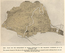 The 1905 Burnham Plan of Manila recommended improving the city's transit systems by creating diagonal arteries radiating from the new central civic district into areas at the outskirts of the city.
