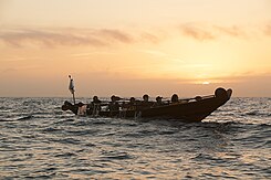 Tomols or te'aats are Chumash and Tongva boats used to travel throughout the islands and to the mainland. CINMS - Tomol Crossing Sunrise .jpg