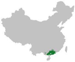 A kantoni nyelv Kínán belüli elterjedése.