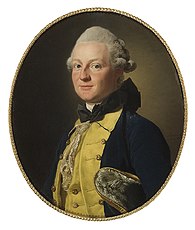 Carl Adam Wachtmeister i Livgardets uniform m/1765 med gul krage och gula bröstrevärer. Porträtt av Alexander Roslin, ca 1767. Nationalmuseum.
