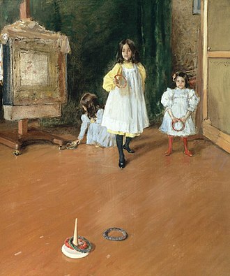 A painting of children playing a ring toss game indoors Chase William Merritt Ring Toss 1896.jpg