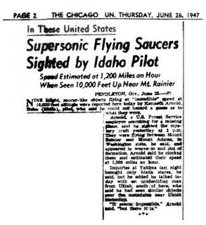 Kenneth Arnold UFO sighting 1947 sighting of UFOs by pilot Kenneth Arnold near Mount Rainier, Washington, USA