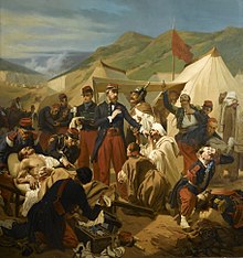 Two French military surgeons treating wounded enemies after the battle of Inkermann, November 5, 1854. Chirurgiens francais soignant les blesses apres la bataille d'Inkermann en 1854.jpg