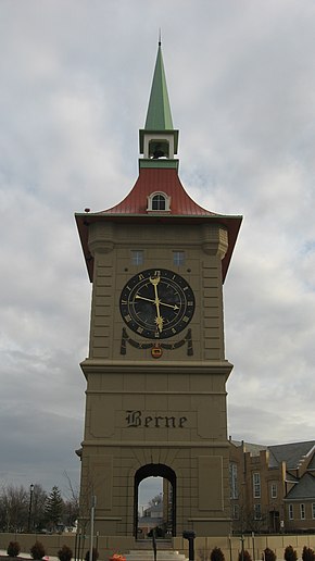 Clock tower in Berne, Indiana.jpg