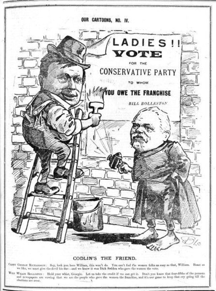 An 1893 cartoon depicting William Rolleston urging women to vote for the Conservative Party to whom they "owe the franchise".