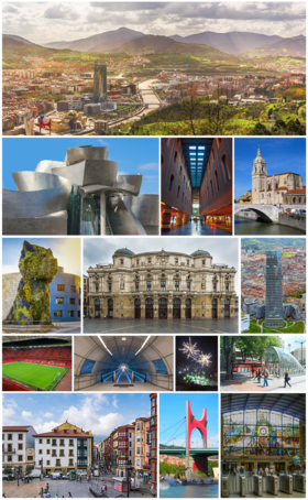 Từ trên cùng bên trái: Quang cảnh thành phố, Bảo tàng Guggenheim, Azkuna Zentroa, Nhà thờ Saint Anthony, Puppy, Nhà hát Arriaga, Tháp Iberdrola, Sân vận động San Mamés, Ga Uribarri Aste Nagusia, Fosterito, Quảng trường Miguel de Unamuno, La Salve và Bilbao-Abando