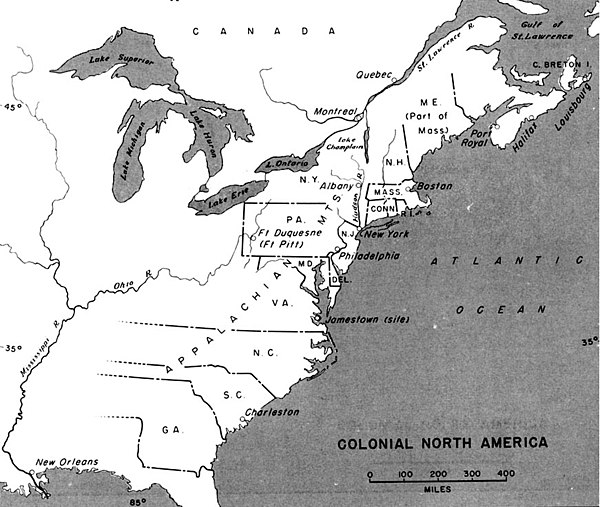 At the end of the 17th century, English settlers outnumbered the French, although the English were divided into multiple colonies along the Atlantic.