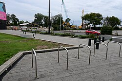 Cycle racks and a sheltered bench outside the newly-rebranded Connexin Live Arena in Kingston upon Hull.