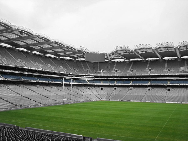 Croke Park sports stadium in Dublin, Ireland. The pitch is used for Gaelic football, hurling and camogie, and has also been used in the past for assoc