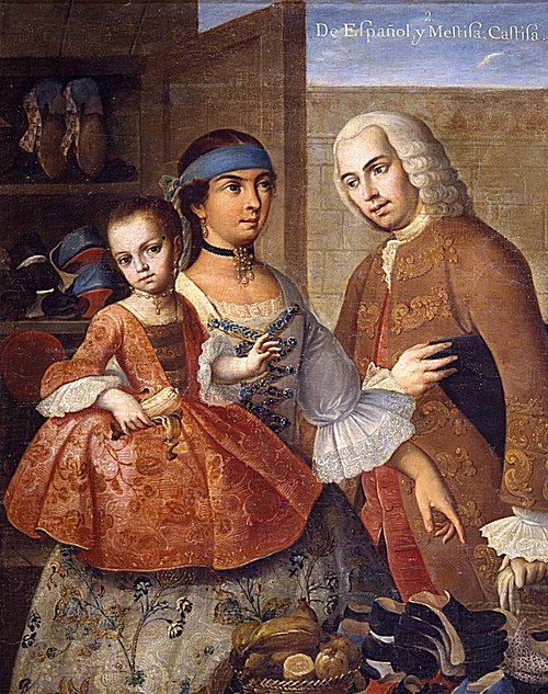 A casta painting by Miguel Cabrera. Here he shows a Spanish (español) father, Mestiza (mixed Spanish–American Indian) mother, and their Castiza daught