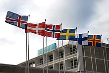 Flags of the Nordic countries and Aland from left to right: Iceland; Denmark; Norway; Sweden; Finland; and Aland De nordiske flag (1).jpg