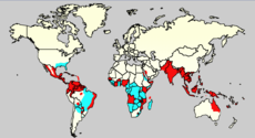 Karta svijeta pokazuje područja staništa komarca Aedes, kao i područja gdje se javljaju i komarci i denga