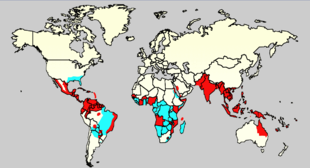 Mondmapo montranta al la landoj kie la Aedmoskito estas trovita (la suda Usono, orienta Brazilo kaj la plej granda parto de subsahara Afriko), same kiel tiuj kie Aedo kaj dengue-febro estis raportitaj (la plej granda parto de Centra kaj tropika Sudameriko, Suda kaj Sudorienta Azio kaj multaj partoj de tropika Afriko).