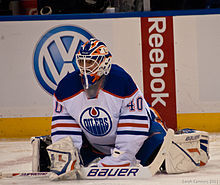 Dubnyk with the Oilers in January 2012 Devan Dubnyk Oilers.jpg