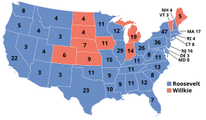 Kort over, hvem, der har vundet hvilke stater (blå=Roosevelt, rød=Willkie)