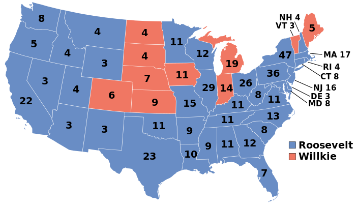 The results of the election, with those states taken by Willkie in red