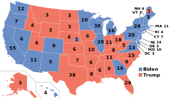 Electoral College map showing results of the 2020 U.S. presidential election. Democrat Joe Biden won the popular vote in 25 states (blue) plus D.C. and Nebraska's 2nd congressional district to capture 306 electoral votes. Republican Donald Trump won the popular vote in 25 states (red) and in Maine's 2nd congressional district to capture 232 electoral votes. ElectoralCollege2020 with results.svg