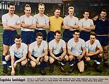 England's winning team against Scotland at Wembley, 11 April 1959. From the left, standing: Ronnie Clayton, Billy Wright (captain), Don Howe, Eddie Hopkinson, Ron Flowers, Graham Shaw, Joe Shaw; front row: Bryan Douglas, Peter Broadbent, Bobby Charlton, Johnny Haynes and Doug Holden. England national football team, 11 April 1959.jpg