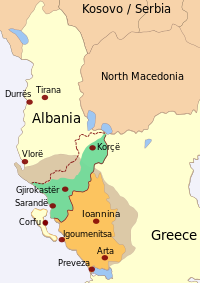 Η περιοχή της Ηπείρου μεταξύ Ελλάδας και Αλβανίας (με πράσινο οι περιοχές της Αλβανίας με ελληνικό πληθυσμό)