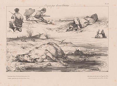 Eugène Lepoittevin, studies of soldiers and a dead horse, 1830, Rijksmuseum