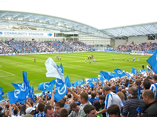 Brighton fans at Falmer Stadium during the first league game at the stadium against Doncaster Rovers